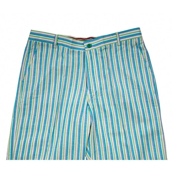 Mens 34 Chino Pants Blue Green Seersucker Stripe Flat Front Straight Trousers